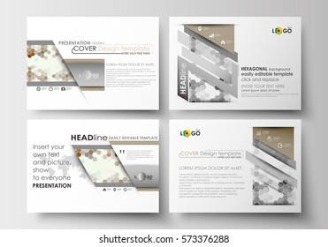 Set of business templates for presentation slides. Easy editable layouts in flat design. Abstract gray color background, modern stylish hexagonal vector texture.