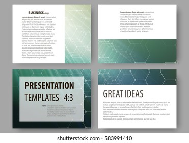 Set of business templates for presentation slides. Abstract layouts in flat design, vector illustration. Chemistry pattern, hexagonal molecule structure. Medicine, science, technology concept