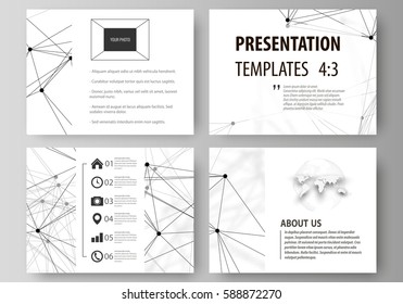 Set of business templates for presentation slides. Abstract vector layouts in flat design. Chemistry pattern, connecting lines and dots, molecule structure on white, geometric graphic background.