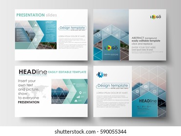 Set of business templates for presentation slides. Flat design blue color travel decoration layout, easy editable vector template, colorful blurred natural landscape