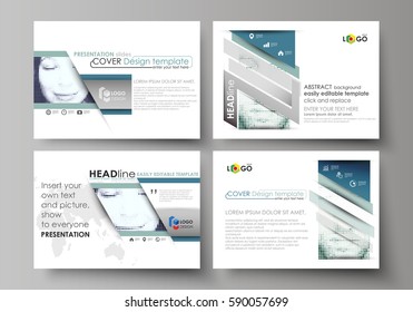Set of business templates for presentation slides. Abstract design vector layouts. Halftone dotted background, retro style grungy pattern, vintage texture. Halftone effect with black dots on white