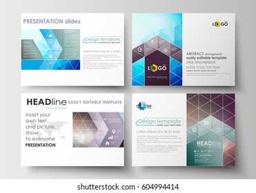 Set of business templates for presentation slides. Easy editable layouts in flat design. Abstract triangles, blue triangular background, colorful polygonal pattern.