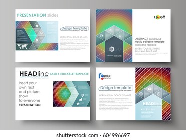 Set of business templates for presentation slides. Abstract vector layouts in flat style. Minimalistic design with circles, diagonal lines. Geometric shapes forming beautiful retro background.