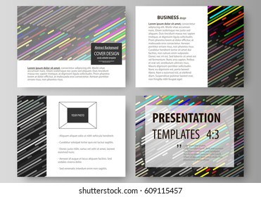 Set of business templates for presentation slides. Easy editable vector layouts in flat design. Colorful background with stripes. Abstract tubes and dots. Glowing multicolored texture