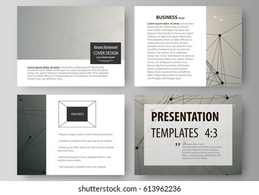 Set of business templates for presentation slides. Easy editable abstract vector layouts in flat design. Chemistry pattern, molecule structure on gray background. Science and technology concept.