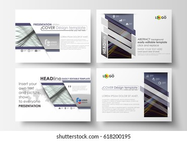 Set of business templates for presentation slides. Easy editable layouts in flat style, vector illustration. Abstract waves, lines and curves. Dark color background. Motion design.