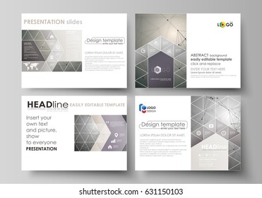 Set of business templates for presentation slides. Easy editable abstract vector layouts in flat design. Chemistry pattern, molecule structure on gray background. Science and technology concept.