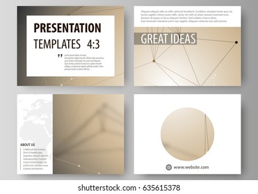 Set of business templates for presentation slides. Abstract vector layouts in flat design. Technology, science, medical concept. Golden dots and lines, cybernetic digital style. Lines plexus.