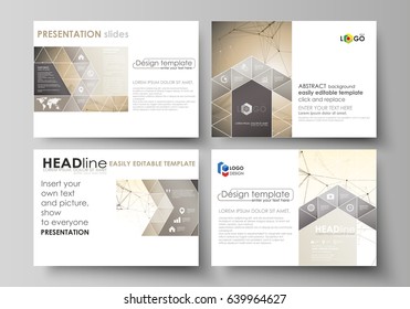 Set of business templates for presentation slides. Abstract vector layouts in flat design. Technology, science, medical concept. Golden dots and lines, cybernetic digital style. Lines plexus.