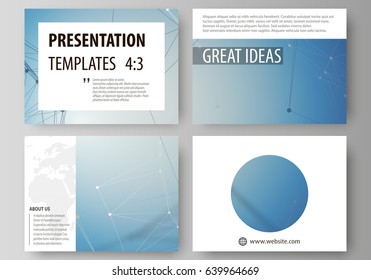 Set of business templates for presentation slides. Easy editable abstract vector layouts in flat design. Geometric blue color background, molecule structure, science concept. Connected lines and dots.