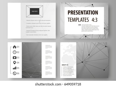 Set of business templates for presentation slides. Easy editable abstract vector layouts in flat design. Chemistry pattern, molecule structure on gray background. Science and technology concept