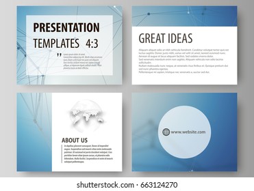 Set of business templates for presentation slides. Easy editable abstract vector layouts in flat design. Geometric blue color background, molecule structure, science concept. Connected lines and dots.