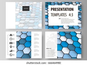 Set of business templates for presentation slides. Easy editable vector layouts in flat design. Blue color hexagons in perspective. Abstract polygonal style modern background