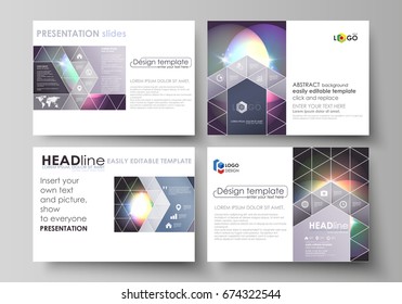 Set of business templates for presentation slides. Easy editable abstract vector layouts. Retro style, mystical Sci-Fi background. Futuristic trendy design.