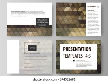 Set of business templates for presentation slides. Easy editable vector layouts in flat design. Abstract multicolored backgrounds. Geometrical patterns. Triangular and hexagonal style.