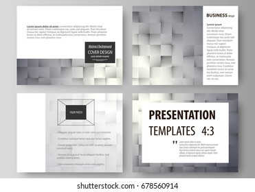 Set of business templates for presentation slides. Easy editable abstract vector layouts in flat design. Pattern made from squares, gray background in geometrical style. Simple texture.