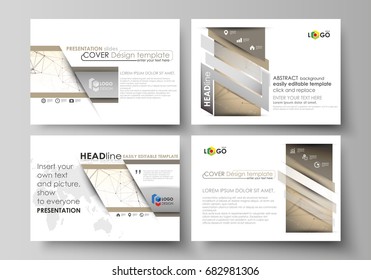 Set of business templates for presentation slides. Abstract vector layouts in flat design. Technology, science, medical concept. Golden dots and lines, cybernetic digital style. Lines plexus.