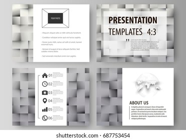 Set of business templates for presentation slides. Easy editable abstract vector layouts in flat design. Pattern made from squares, gray background in geometrical style. Simple texture.