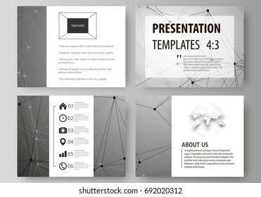 Set of business templates for presentation slides. Easy editable abstract vector layouts in flat design. Chemistry pattern, molecule structure on gray background. Science and technology concept.