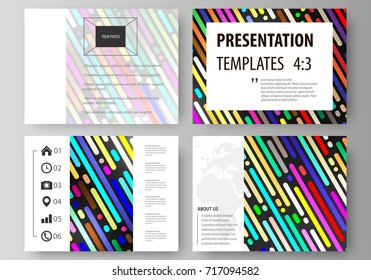 Set of business templates for presentation slides. Easy editable abstract vector layouts in flat design. Colorful background made of stripes. Abstract tubes and dots. Glowing multicolored texture.