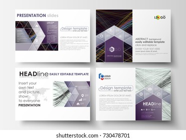 Set of business templates for presentation slides. Easy editable layouts in flat style, vector illustration. Abstract waves, lines and curves. Dark color background. Motion design