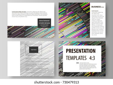 Set of business templates for presentation slides. Easy editable abstract vector layouts in flat design. Colorful background made of stripes. Abstract tubes and dots. Glowing multicolored texture.