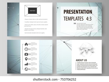 Set of business templates for presentation slides. Editable abstract vector layouts in flat design. Chemistry pattern, connecting lines and dots, molecule structure, scientific medical DNA research.