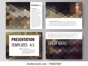 Set of business templates for presentation slides. Easy editable vector layouts in flat design. Abstract multicolored backgrounds. Geometrical patterns. Triangular and hexagonal style.