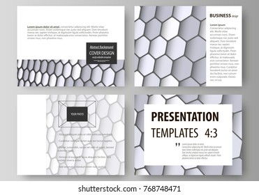 Set of business templates for presentation slides. Easy editable vector layouts in flat design. Gray color hexagons in perspective. Abstract polygonal style modern background.