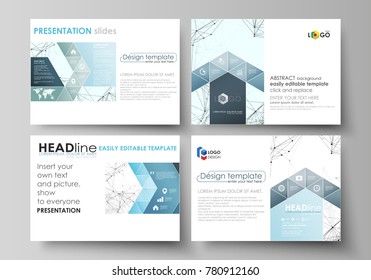 Set of business templates for presentation slides. Abstract vector layouts in flat design. Chemistry pattern, connecting lines and dots, molecule structure on white, geometric graphic background.