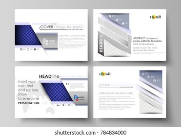 Set of business templates for presentation slides. Easy editable abstract vector layouts in flat design. Shiny fabric, rippled texture, white and blue color silk, colorful vintage style background.