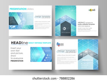 Set of business templates for presentation slides. Abstract vector layouts in flat design. Chemistry pattern, connecting lines and dots, molecule structure, medical DNA research. Medicine concept.