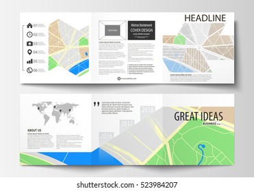 Set of business templates for square tri fold brochures. Leaflet cover, easy editable layout. City map with streets. Flat design template, tourism businesses, abstract vector illustration