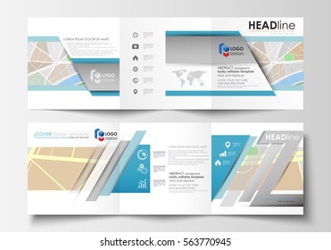 Set of business templates for square tri fold brochures. Leaflet cover, easy editable layout. City map with streets. Flat design template, tourism businesses, abstract vector illustration.