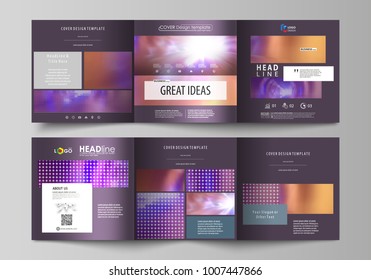 Set of business templates for tri fold square brochures. Leaflet cover, abstract flat layout, easy editable vector. Bright color colorful design, beautiful futuristic background.