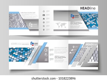 Set of business templates for tri fold square design brochures. Leaflet cover, layout, easy editable vector. Blue and gray color hexagons in perspective. Abstract polygonal style modern background.