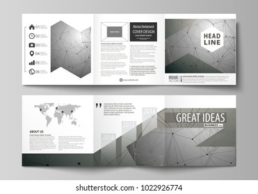 Set of business templates for tri fold square design brochures. Leaflet cover, abstract vector layout. Chemistry pattern, molecule structure on gray background. Science and technology concept.