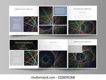 Set of business templates for tri fold square design brochures. Leaflet cover, abstract flat layout, easy editable vector. Bright color lines, colorful beautiful background. Perfect decoration.