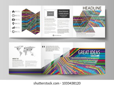 Set of business templates for tri fold square design brochures. Leaflet cover, abstract vector layout. Bright color lines, colorful style with geometric shapes forming beautiful minimalist background.