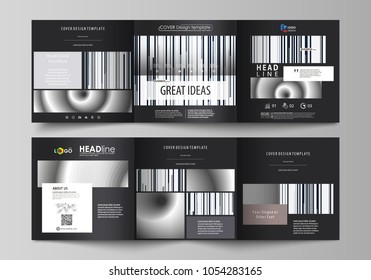 Set of business templates for tri fold square design brochures. Leaflet cover, abstract flat vector layout. Simple monochrome geometric pattern. Minimalistic background. Gray color shapes.