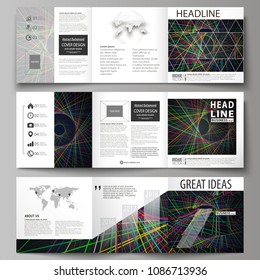 Set of business templates for tri fold square design brochures. Leaflet cover, abstract flat layout, easy editable vector. Bright color lines, colorful beautiful background. Perfect decoration.