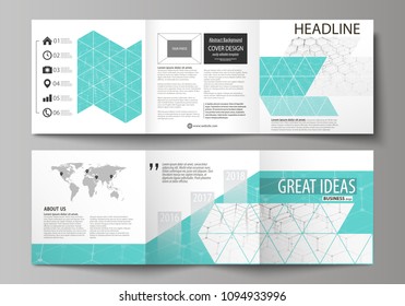 Set of business templates for tri fold square design brochures. Leaflet cover, abstract vector layout. Chemistry pattern, hexagonal molecule structure on blue. Medicine, science and technology concept