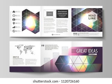 Set of business templates for tri fold square brochures. Leaflet cover, abstract flat layout, easy editable vector. Retro style, mystical Sci-Fi background. Futuristic trendy design.