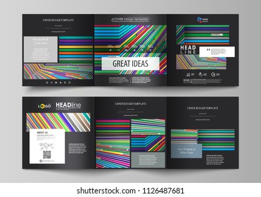 Set of business templates for tri fold square design brochures. Leaflet cover, abstract vector layout. Bright color lines, colorful style with geometric shapes forming beautiful minimalist background.