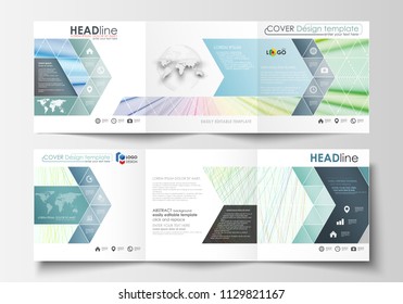 Set of business templates for tri fold square brochures. Leaflet cover, flat layout, easy editable vector. Colorful background with abstract waves, lines. Bright color curves. Motion design
