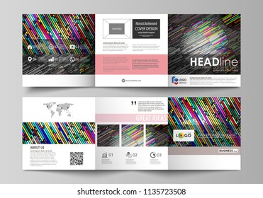 Set of business templates for tri fold square design brochures. Leaflet cover, easy editable vector layout. Colorful background with stripes. Abstract tubes and dots. Glowing multicolored texture.