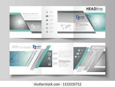 Set of business templates for tri fold square design brochures. Leaflet cover, vector layout Geometric background, connected line and dots. Molecular structure. Scientific, medical, technology concept