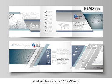Set of business templates for tri fold square design brochures. Leaflet cover, abstract vector layout. DNA and neurons molecule structure. Medicine, science, technology concept. Scalable graphic.