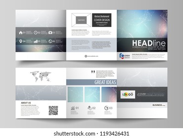 Set of business templates for tri fold square design brochures. Leaflet cover, vector layout. Compounds lines and dots. Big data visualization in minimal style. Graphic communication background.