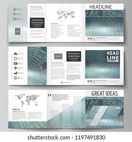 Set of business templates for tri fold square design brochures. Leaflet cover, abstract flat layout, easy editable vector. Technology background in geometric style made from circles.